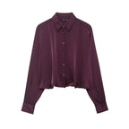 Women's Retro Easy Matching Wine Red Satin Short Shirt