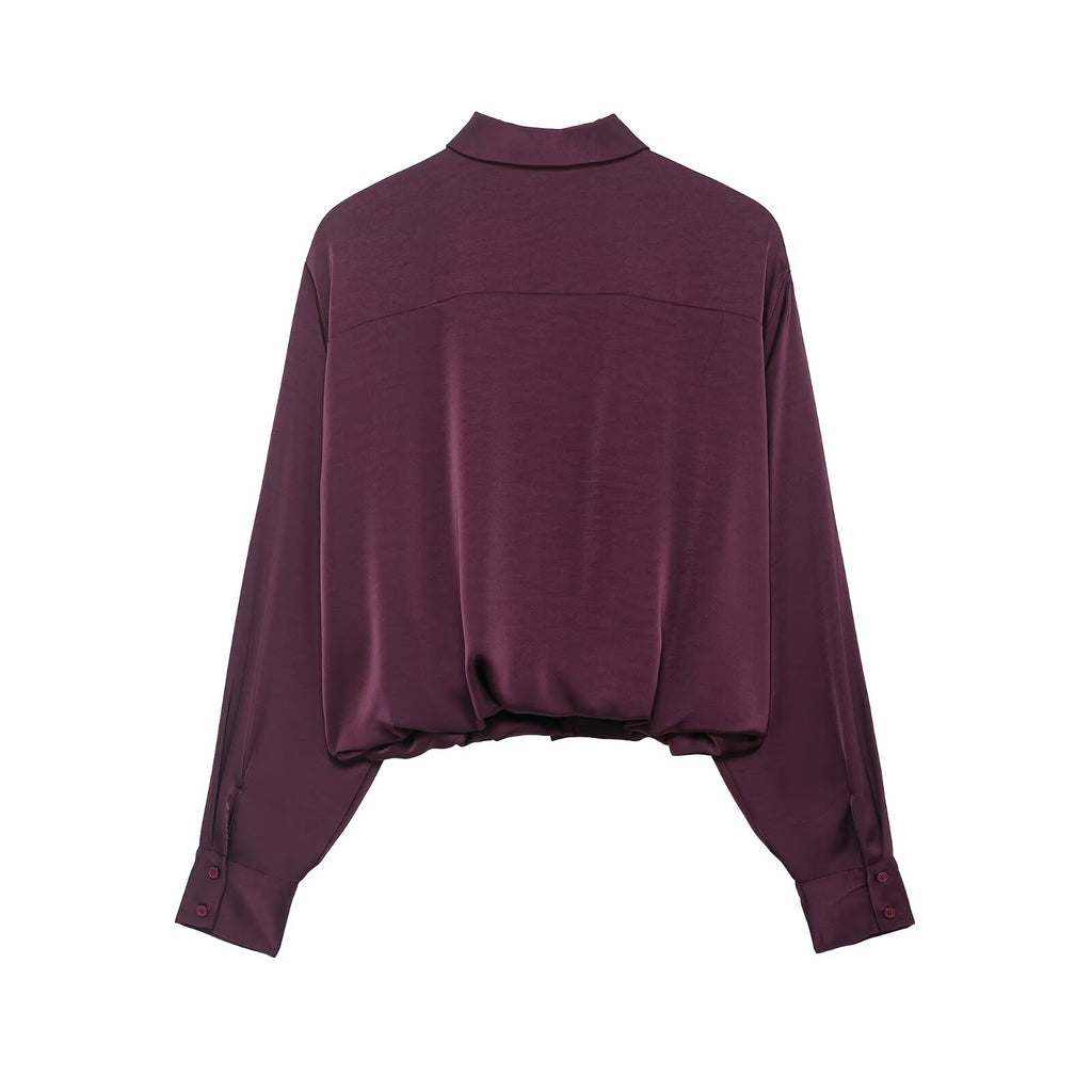 Women's Retro Easy Matching Wine Red Satin Short Shirt