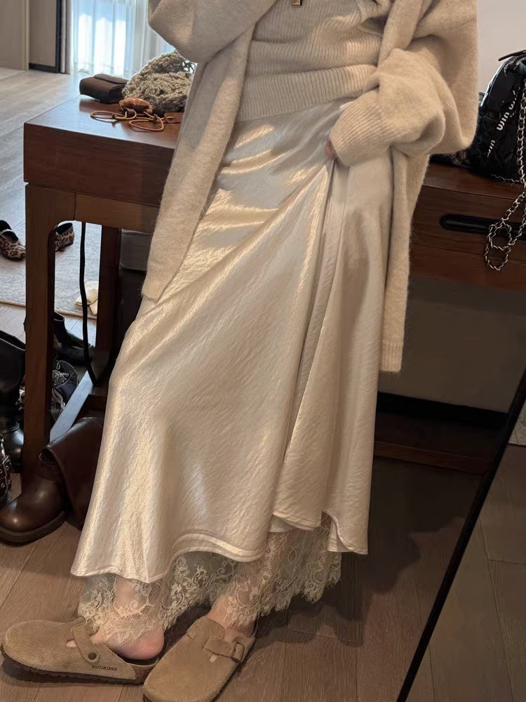 Women's Satin Acetate Lace Patchwork Slit Skirt Long Skirt