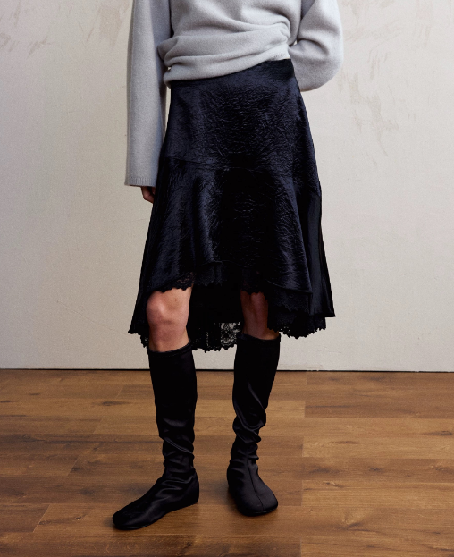 Satin Lace Irregular Asymmetric Elegant Stitching Hem Skirt