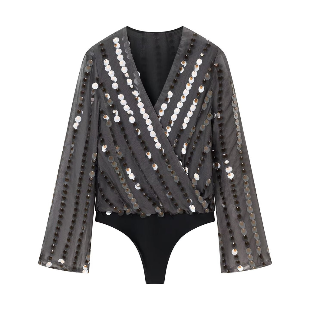 Women's Clothing Spring Women Long Sleeve V Neck Beads Decoration Jumpsuit