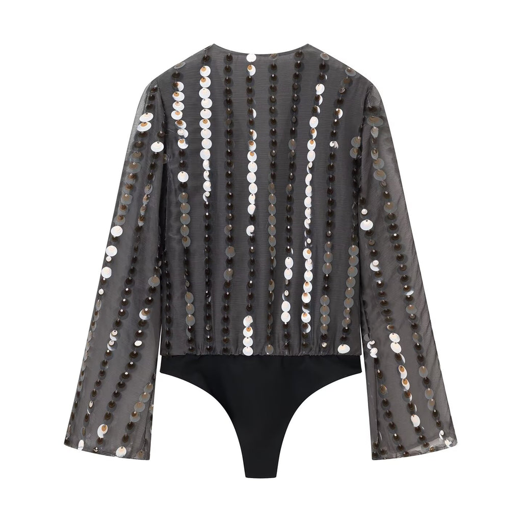 Women's Clothing Spring Women Long Sleeve V Neck Beads Decoration Jumpsuit