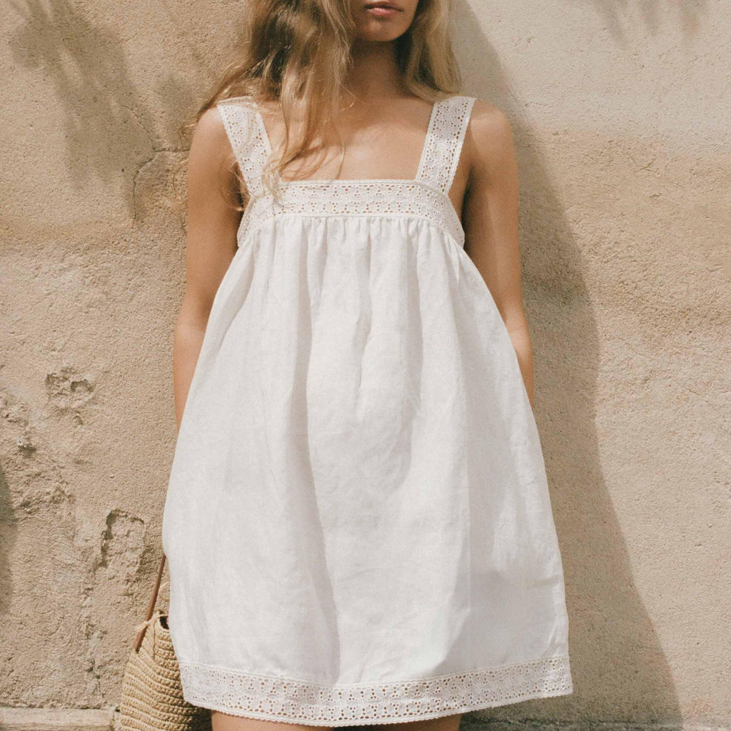 White Lace Square-Neck A-Line Mini Dress