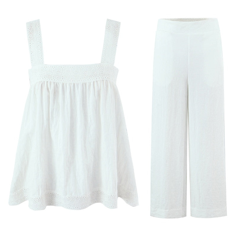 White Lace Sleeveless Shirt Trousers Summer Design French Shirt Wide Leg Pants Sets