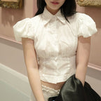 Women's Clothing Jacquard Puff Sleeve Polo Collar White Small Top