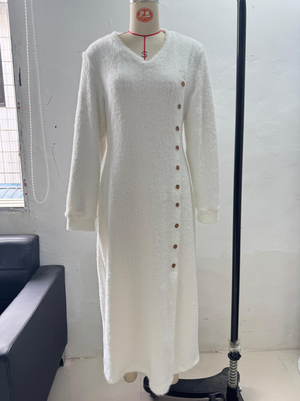Winter V-Neck Loose Lazy Fastener Decoration Slit Dress