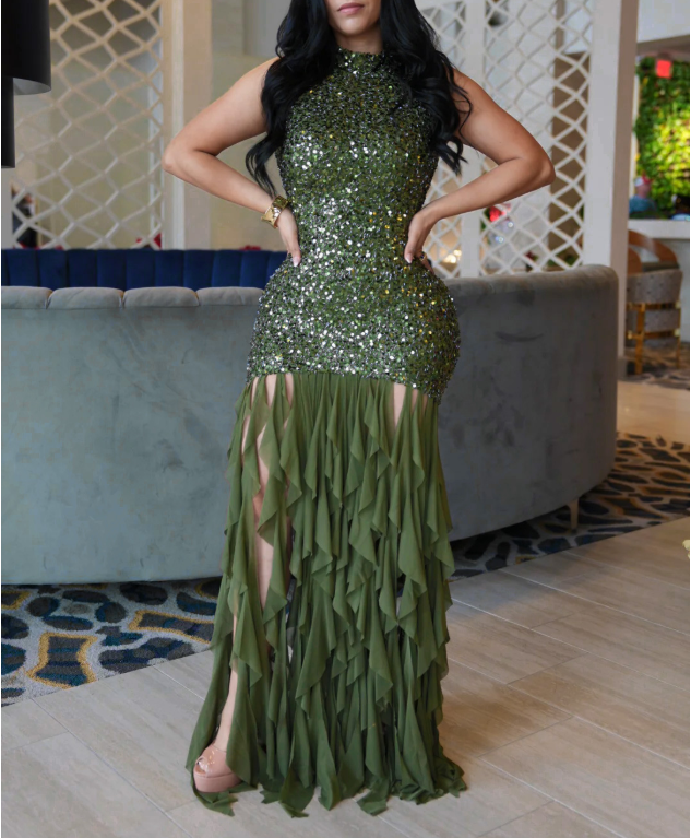 Sequin Ruffle Stand-Collar Bodycon Maxi Dress