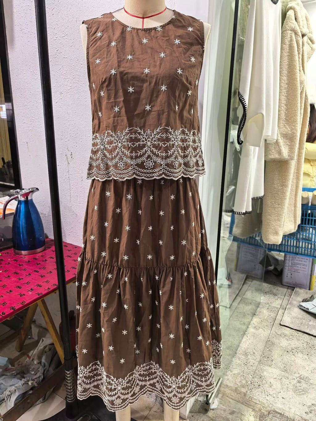 Women's Hollow Out Cutout Embroidered Top And Skirt Two-Piece Set