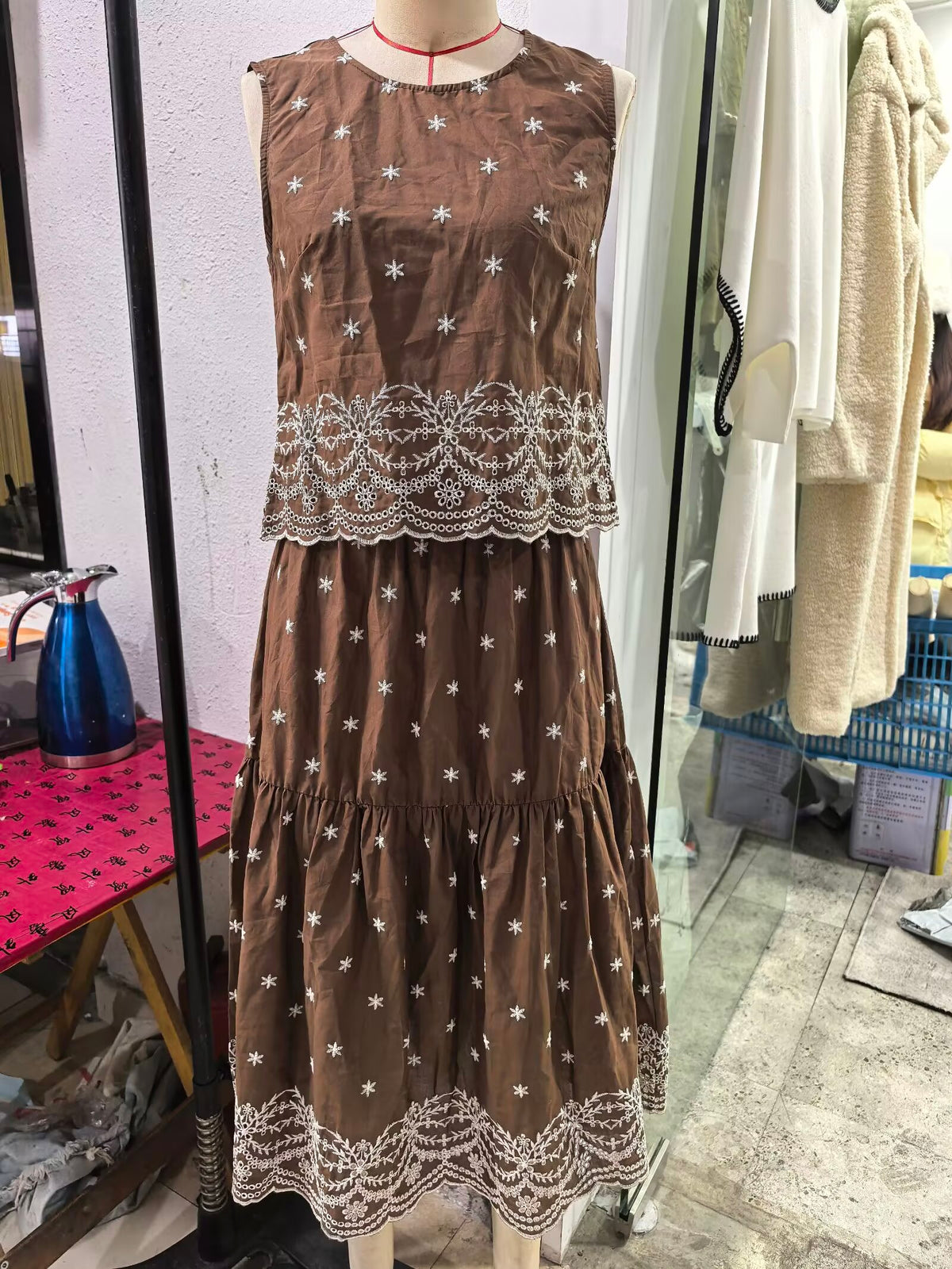 Women's Hollow Out Cutout Embroidered Top And Skirt Two-Piece Set