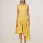 Asymmetric Ruched Sleeveless A-Line Midi Dress