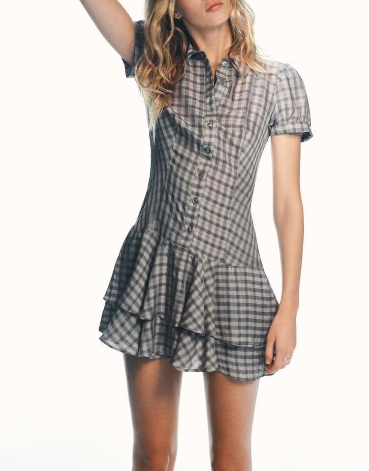 Laminated Decoration Plaid Short Dress