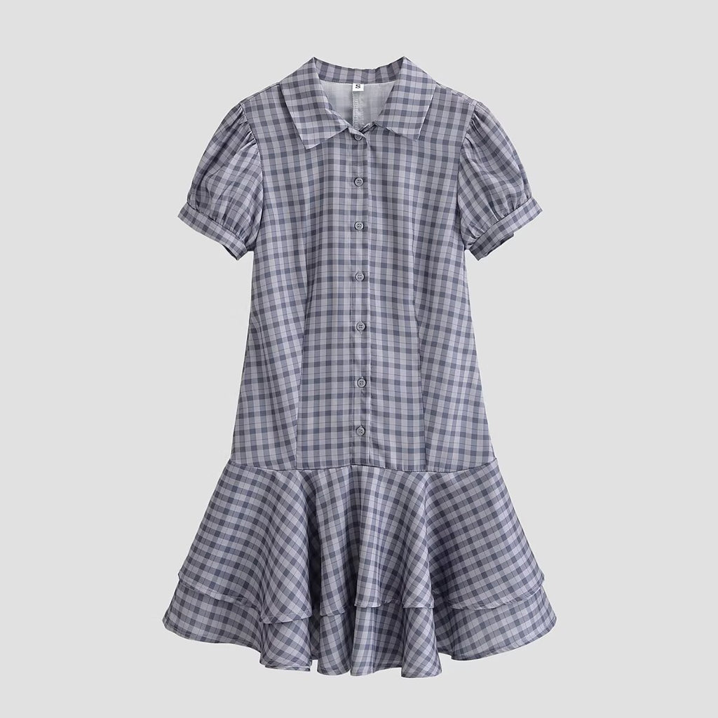 Laminated Decoration Plaid Short Dress