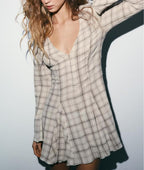 Women's Spring College Plaid V-Neck Short Dress