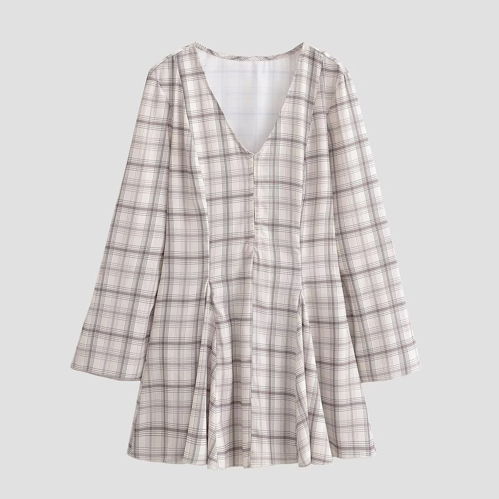 Women's Spring College Plaid V-Neck Short Dress