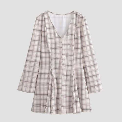 Women Clothing Spring College Plaid V neck Slim Fit Short Dress