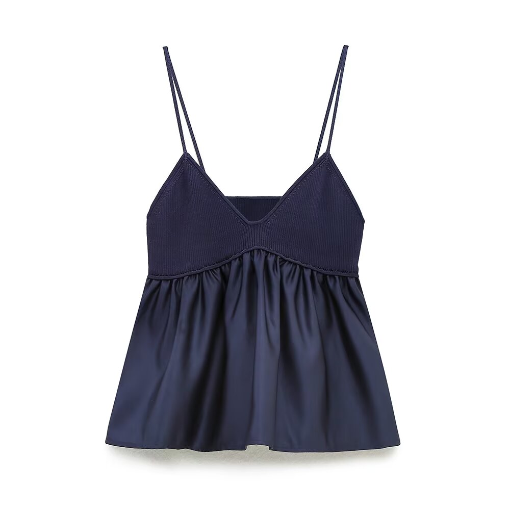 Minority Short Knitted Stitching Acetate Satin Sling Top
