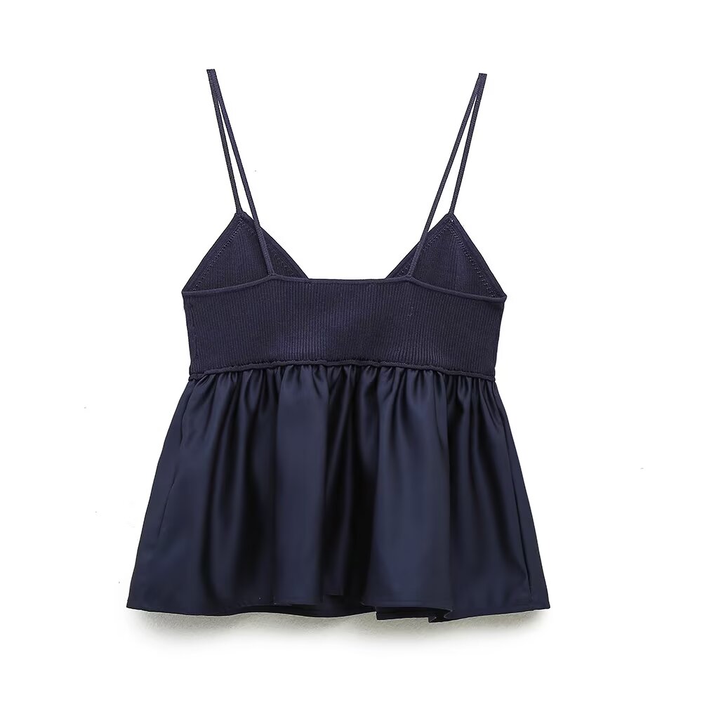 Minority Short Knitted Stitching Acetate Satin Sling Top