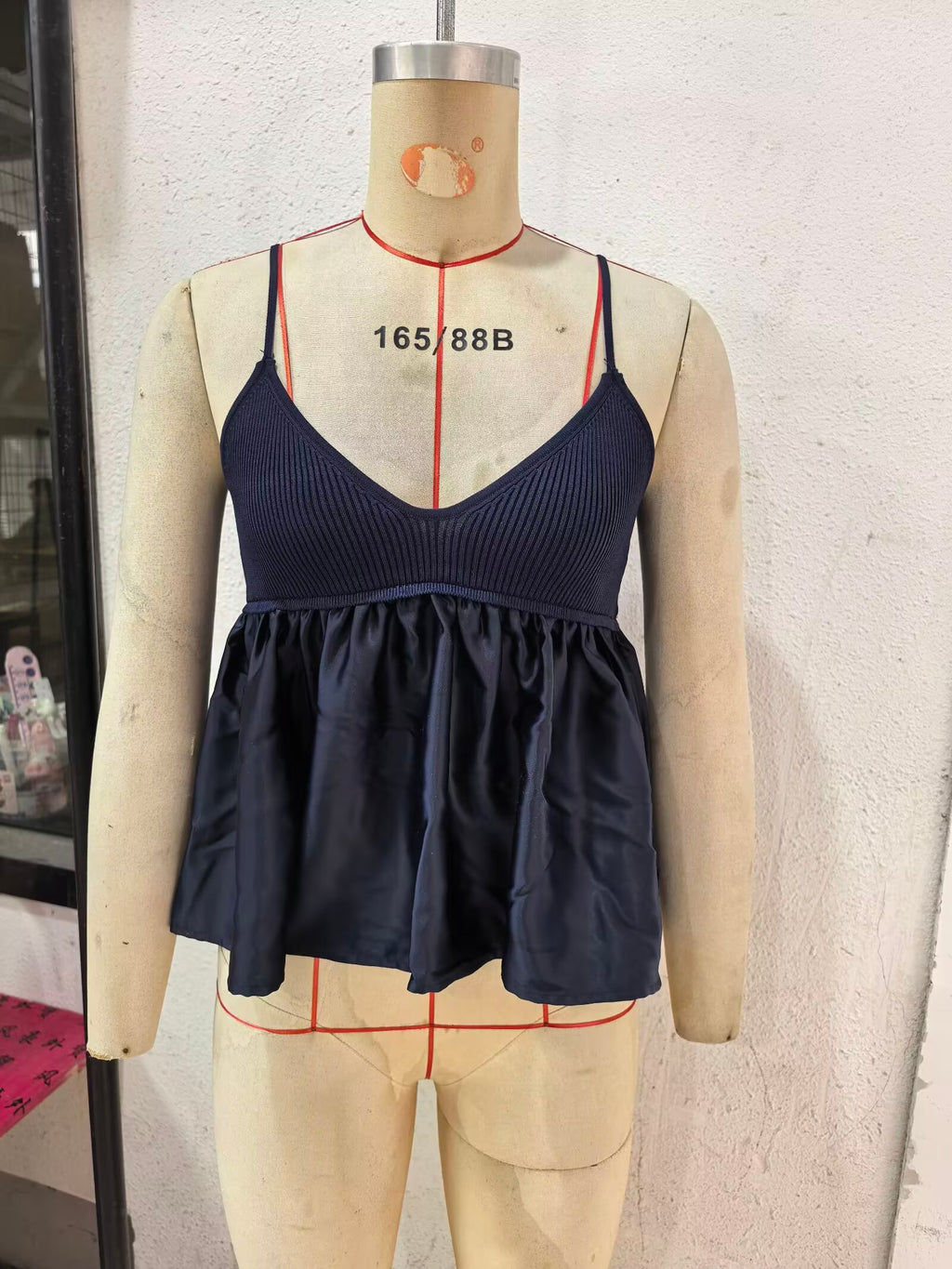 Minority Short Knitted Stitching Acetate Satin Sling Top