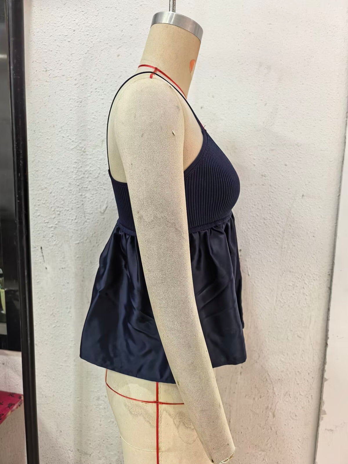 Minority Short Knitted Stitching Acetate Satin Sling Top