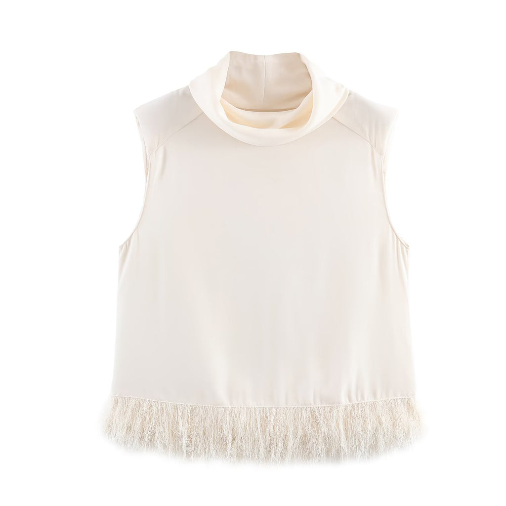 Women's Spring Stylish Simple Decorated Tassel Padded Shoulder Top