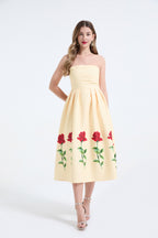 Rose-Print Strapless Pleated Maxi Dress