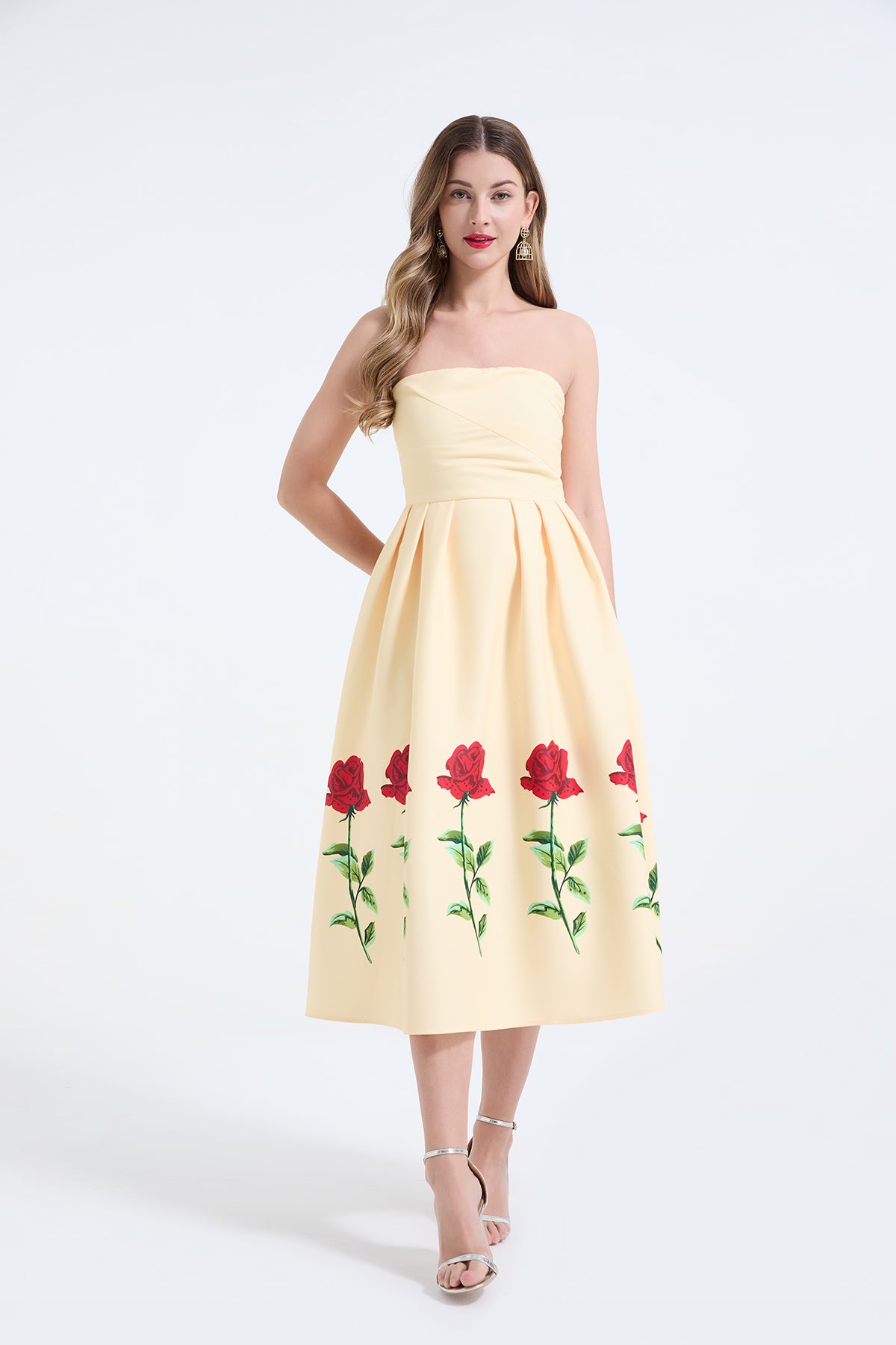 Rose-Print Strapless Pleated Maxi Dress