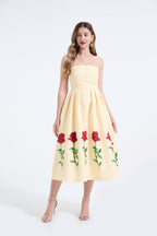 Rose-Print Strapless Pleated Maxi Dress