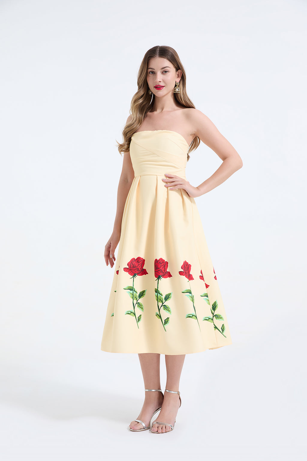 Rose-Print Strapless Pleated Maxi Dress