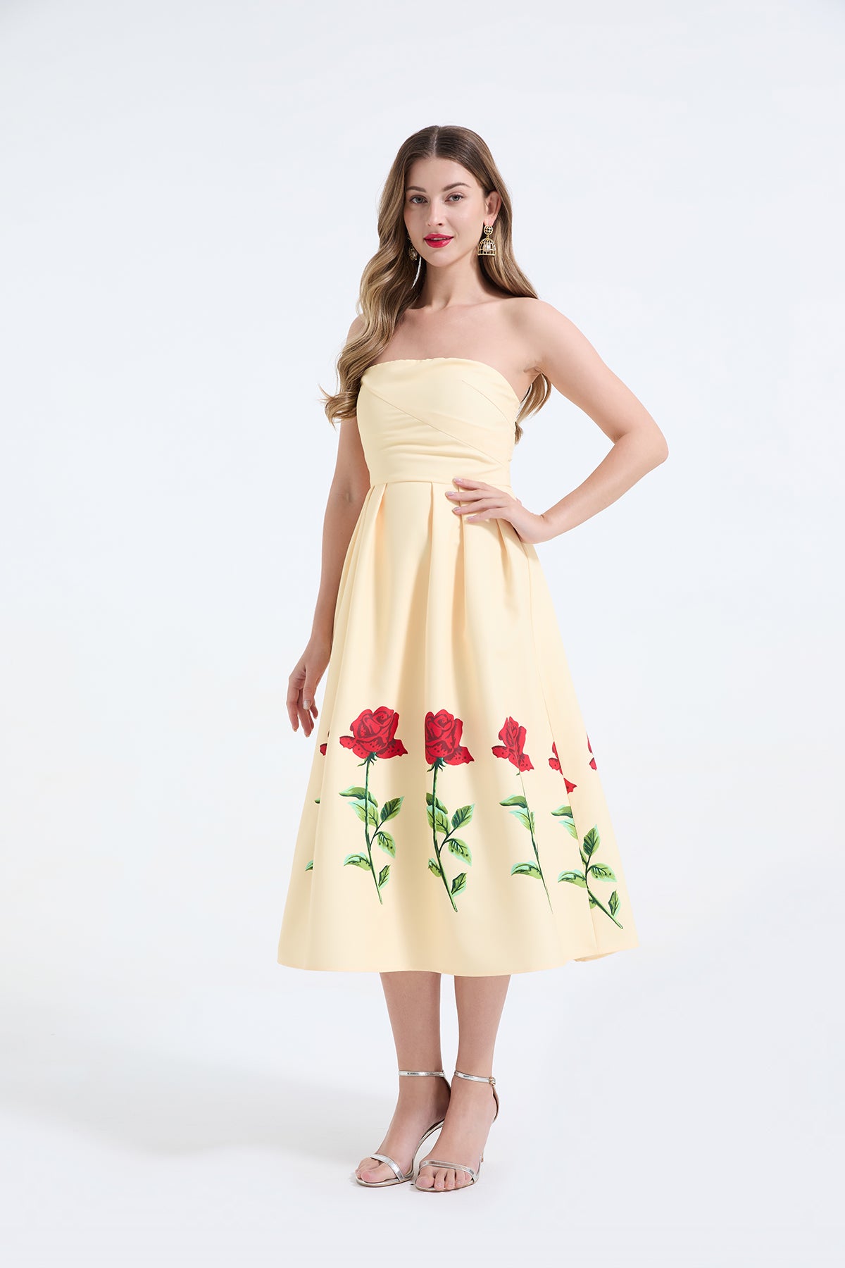 Rose-Print Strapless Pleated Maxi Dress