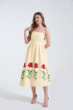 Rose-Print Strapless Pleated Maxi Dress