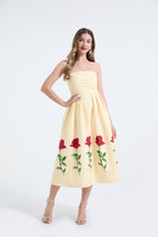 Rose-Print Strapless Pleated Maxi Dress