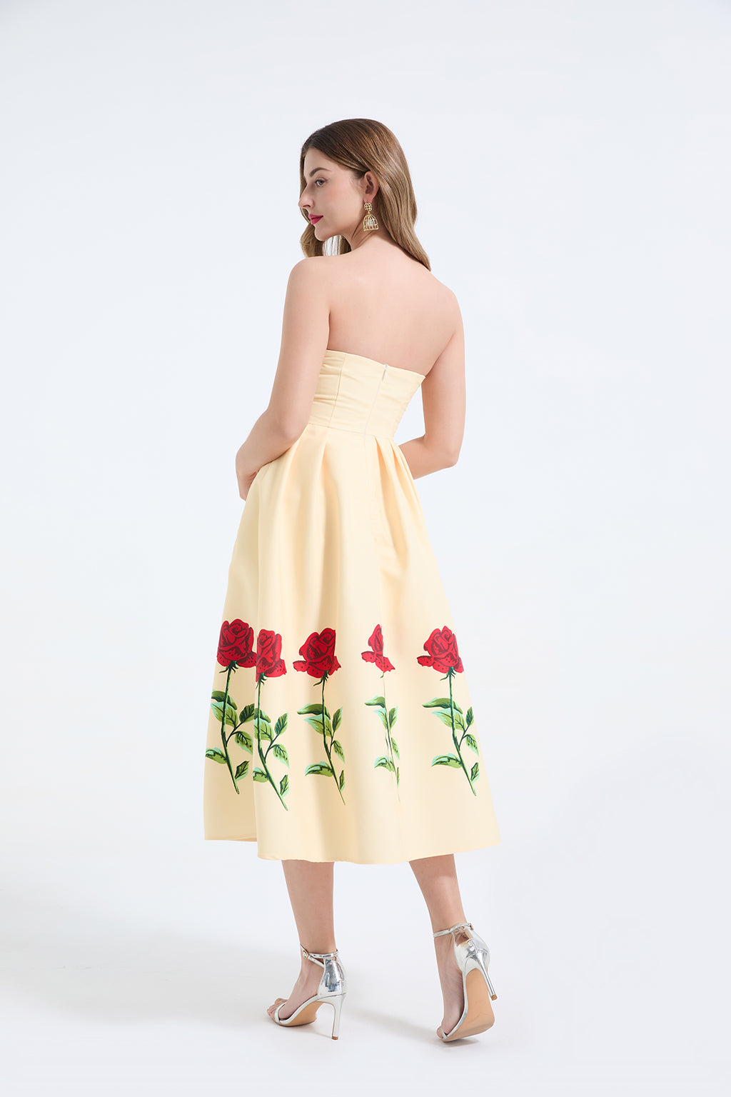 Rose-Print Strapless Pleated Maxi Dress