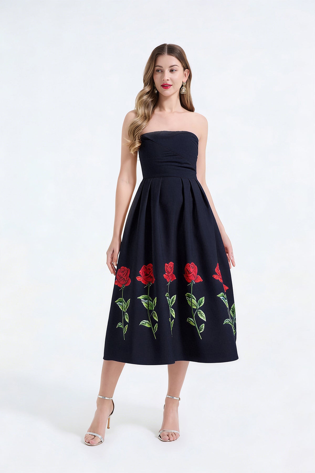 Rose-Print Strapless Pleated Maxi Dress