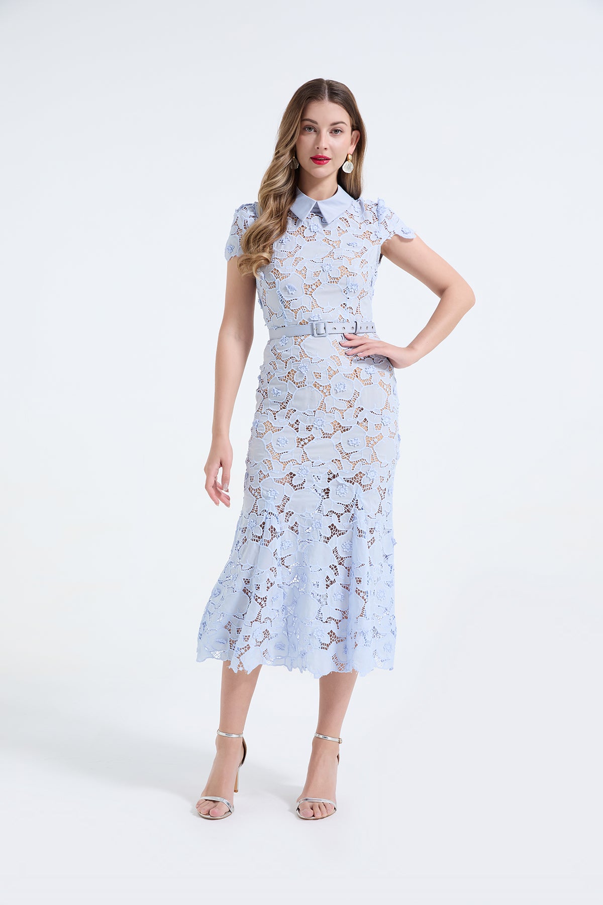 3D Lace Shirt-Collar Fishtail Dress