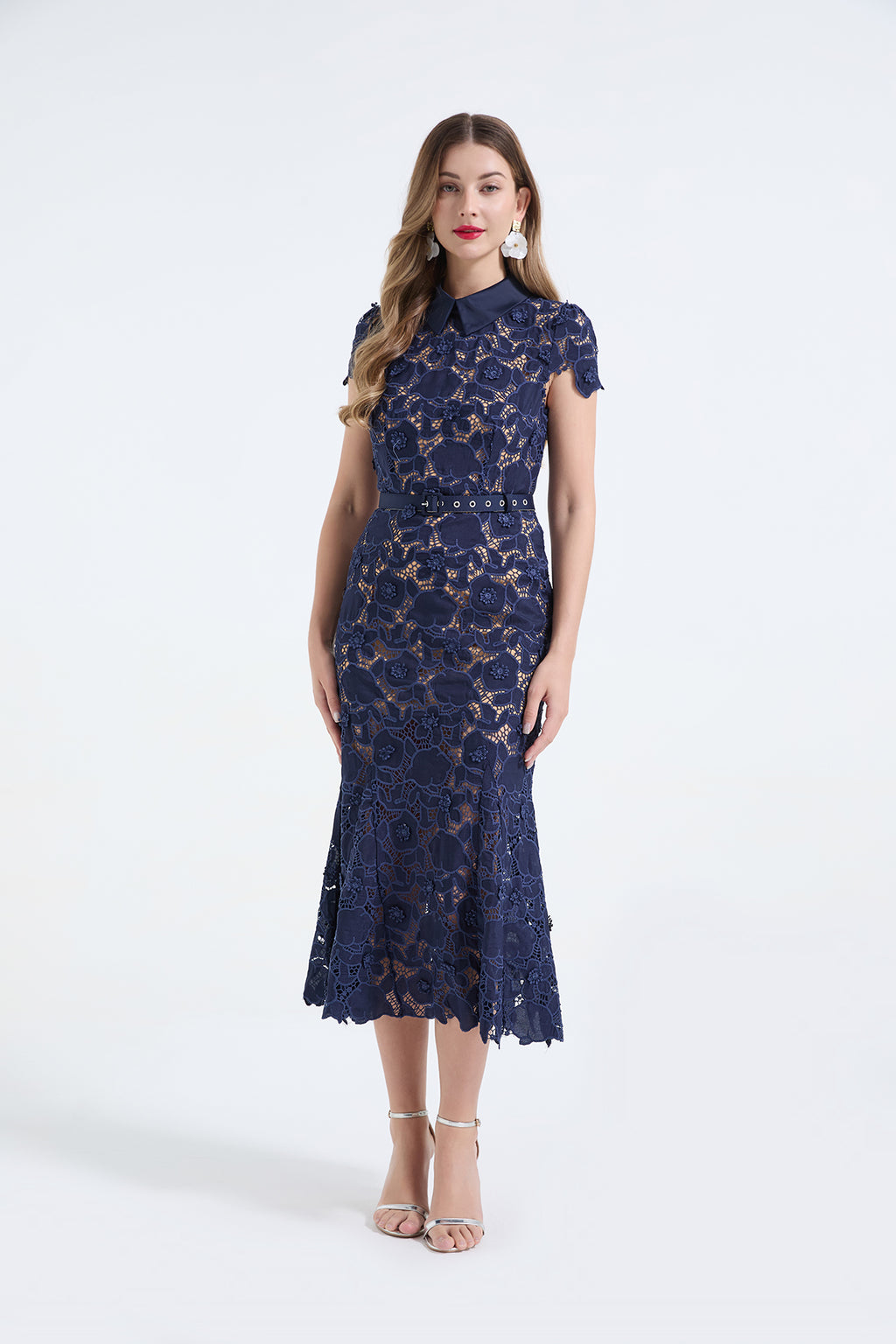 3D Lace Shirt-Collar Fishtail Dress