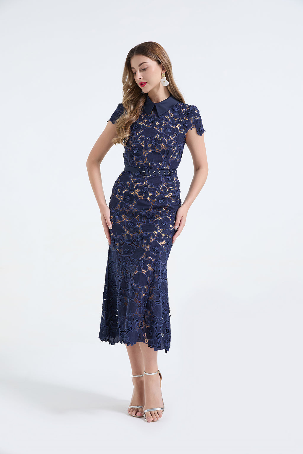 3D Lace Shirt-Collar Fishtail Dress