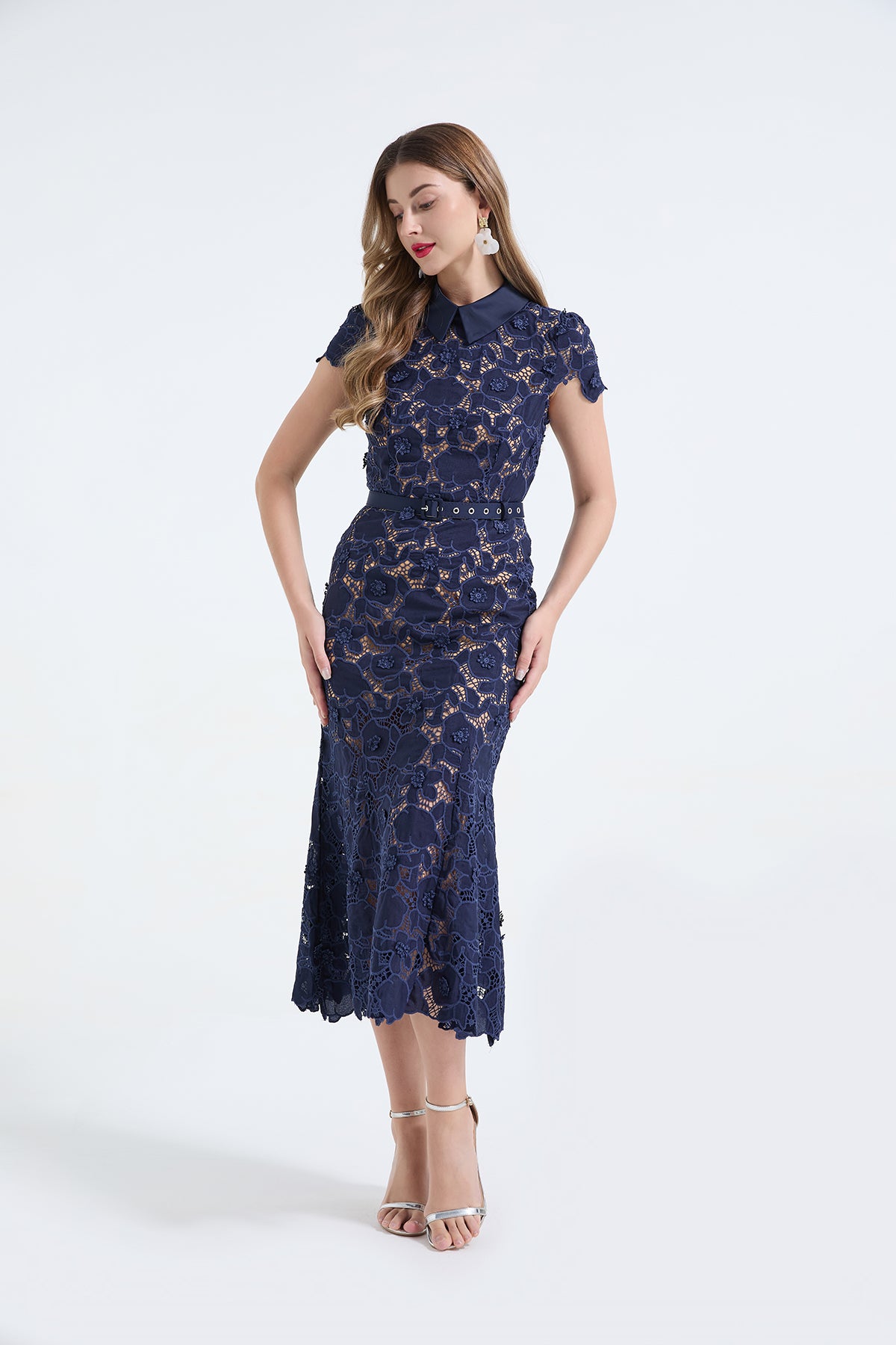 3D Lace Shirt-Collar Fishtail Dress