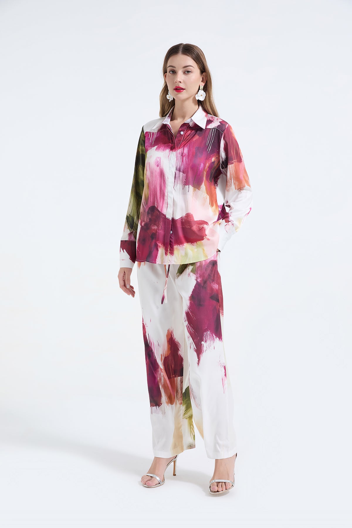 Women's Printed Shirt & Wide-Leg Pants Set