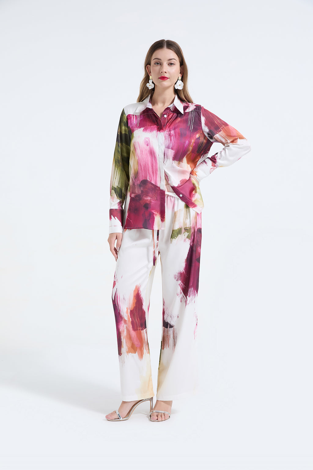 Women's Printed Shirt & Wide-Leg Pants Set