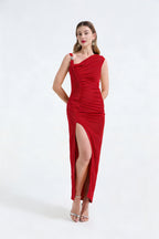 Asymmetric Satin Pleated Bodycon Maxi Dress