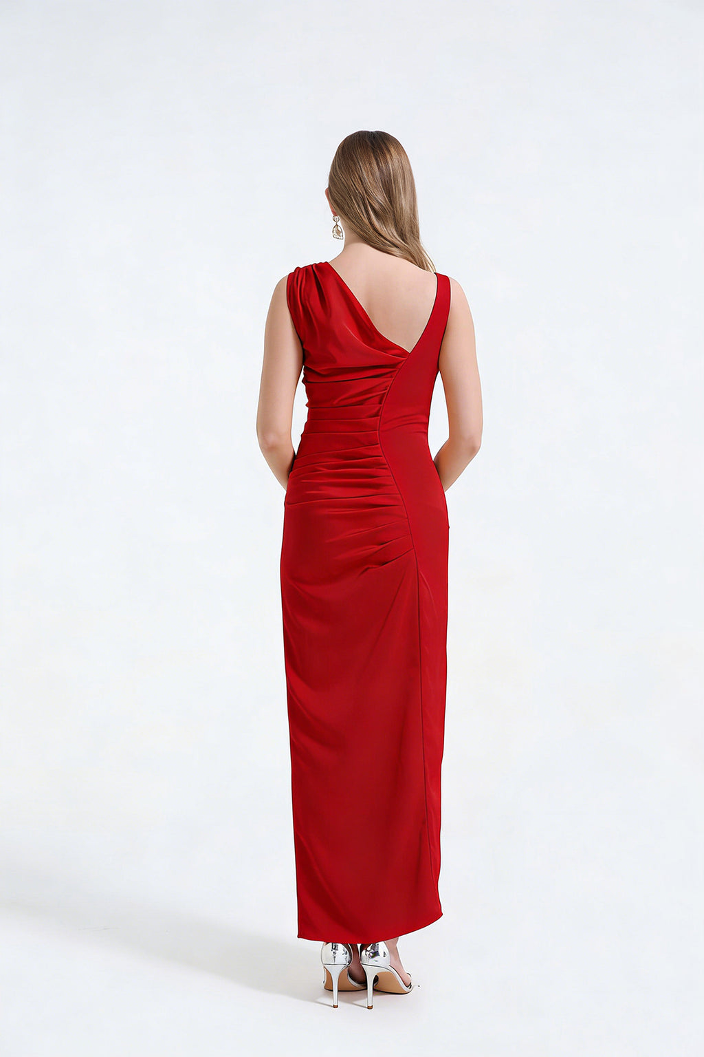 Asymmetric Satin Pleated Bodycon Maxi Dress