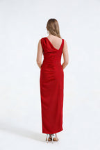 Asymmetric Satin Pleated Bodycon Maxi Dress