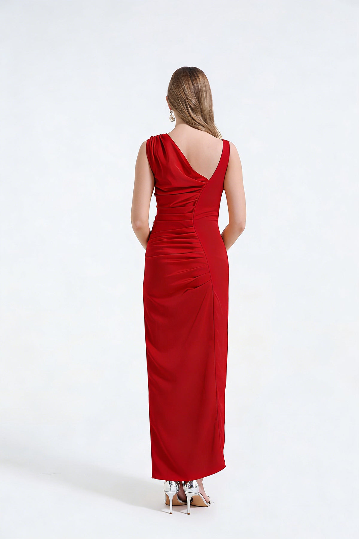 Asymmetric Satin Pleated Bodycon Maxi Dress