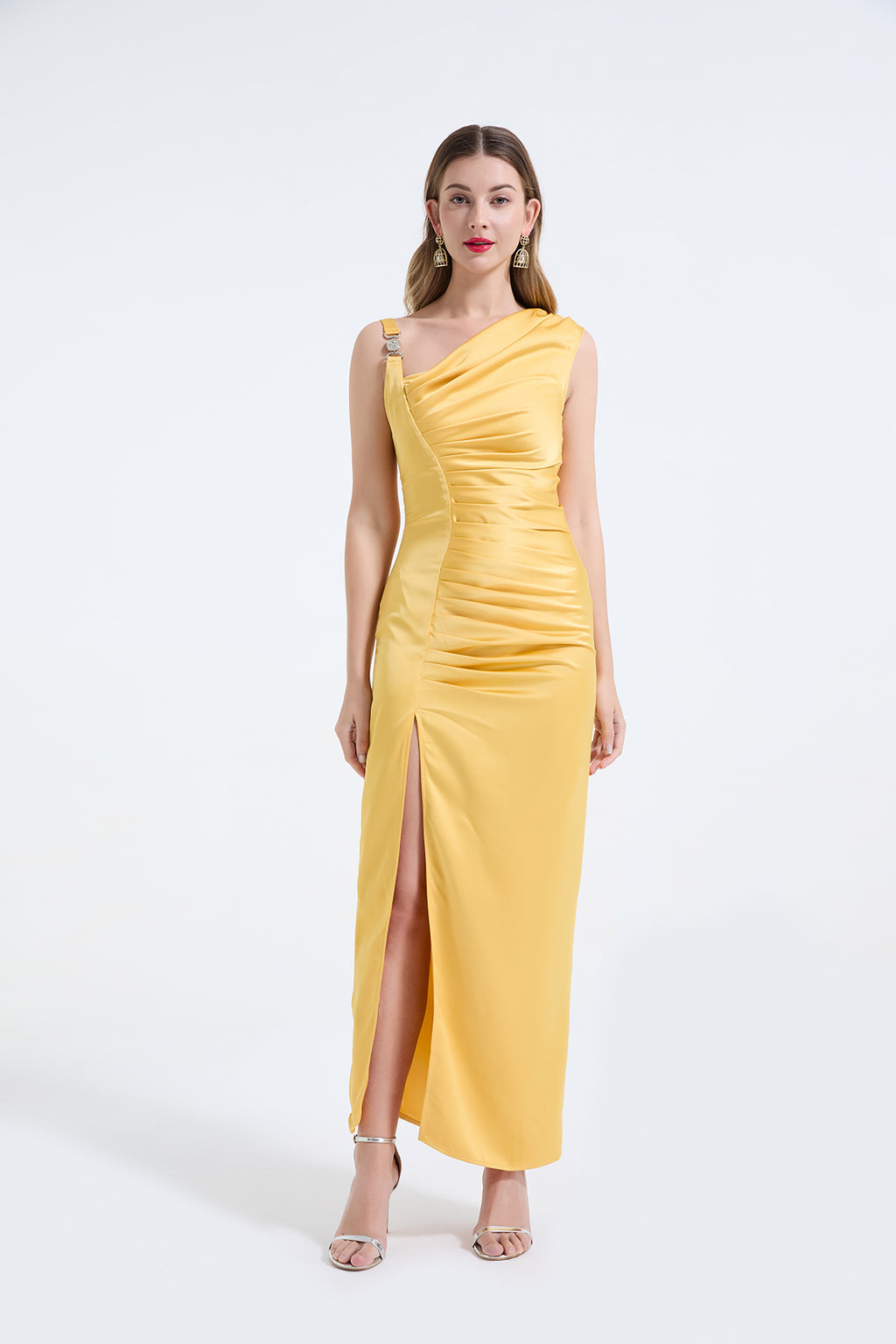 Asymmetric Satin Pleated Bodycon Maxi Dress