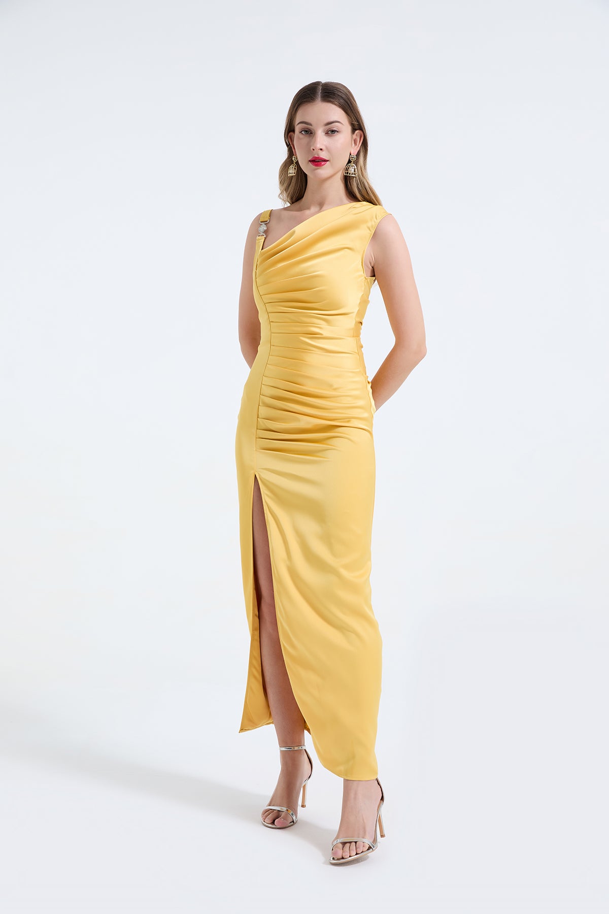 Asymmetric Satin Pleated Bodycon Maxi Dress
