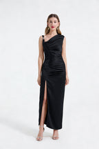 Asymmetric Satin Pleated Bodycon Maxi Dress