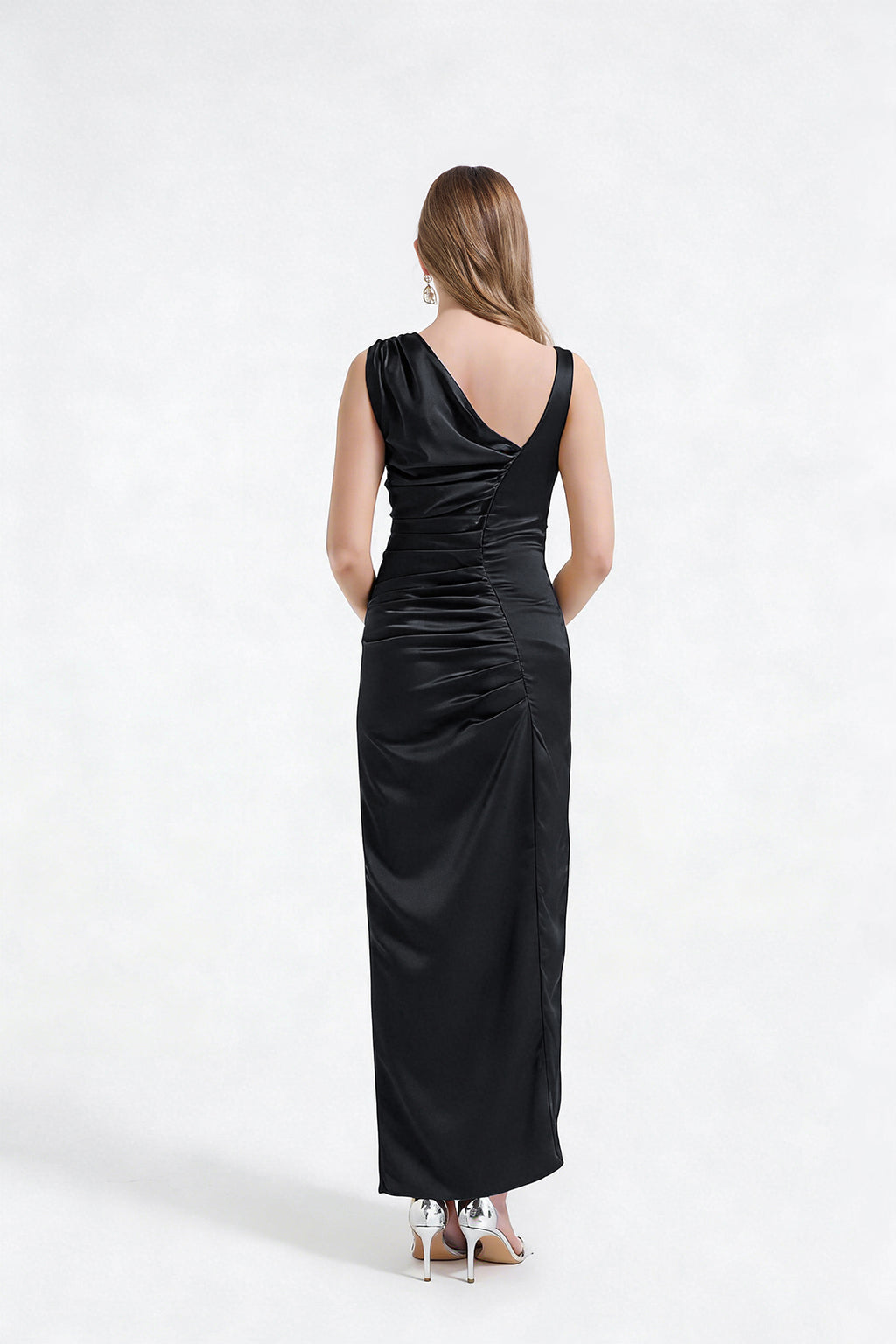 Asymmetric Satin Pleated Bodycon Maxi Dress