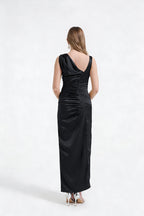 Asymmetric Satin Pleated Bodycon Maxi Dress