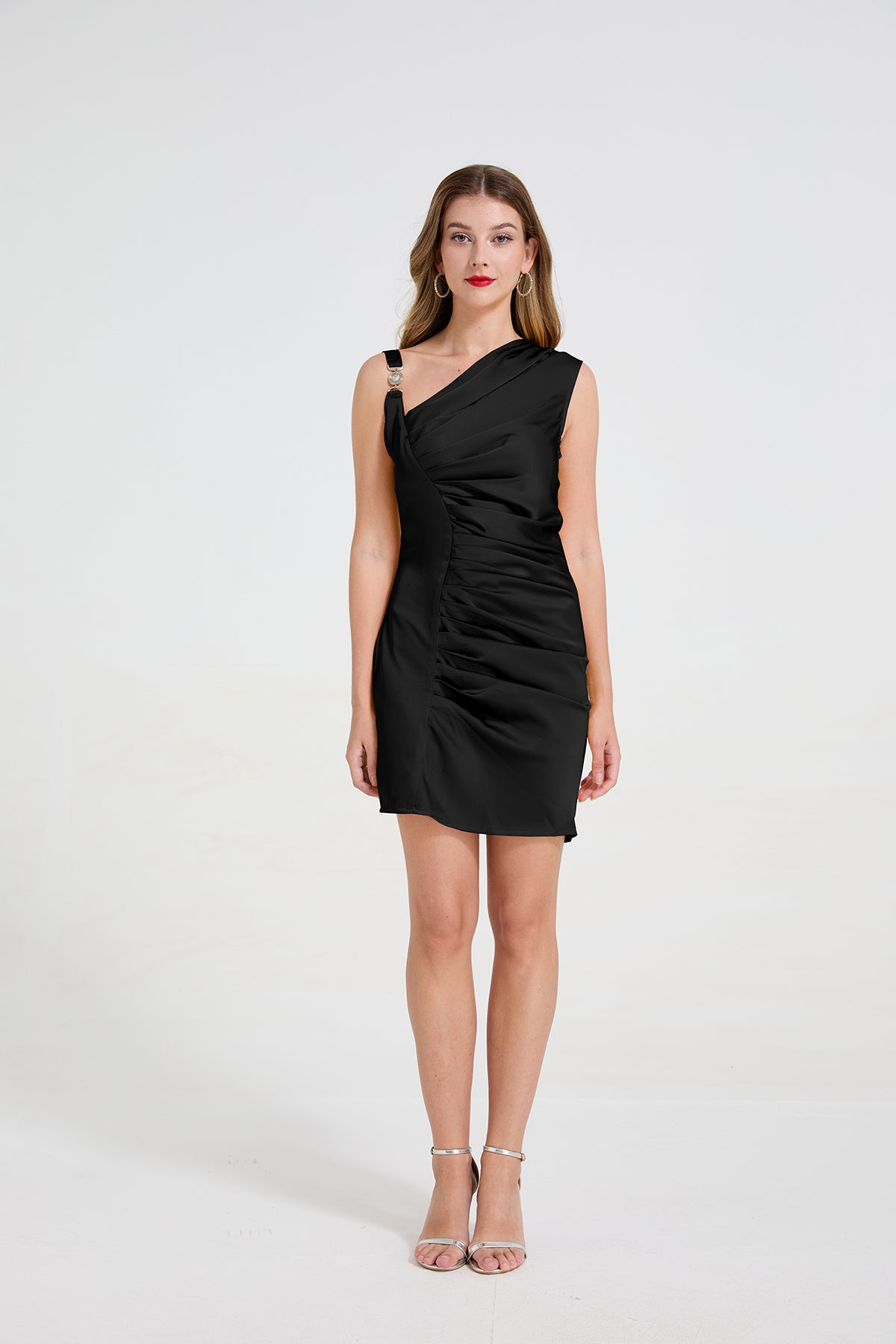 Asymmetric Satin Buckle Bodycon Dress