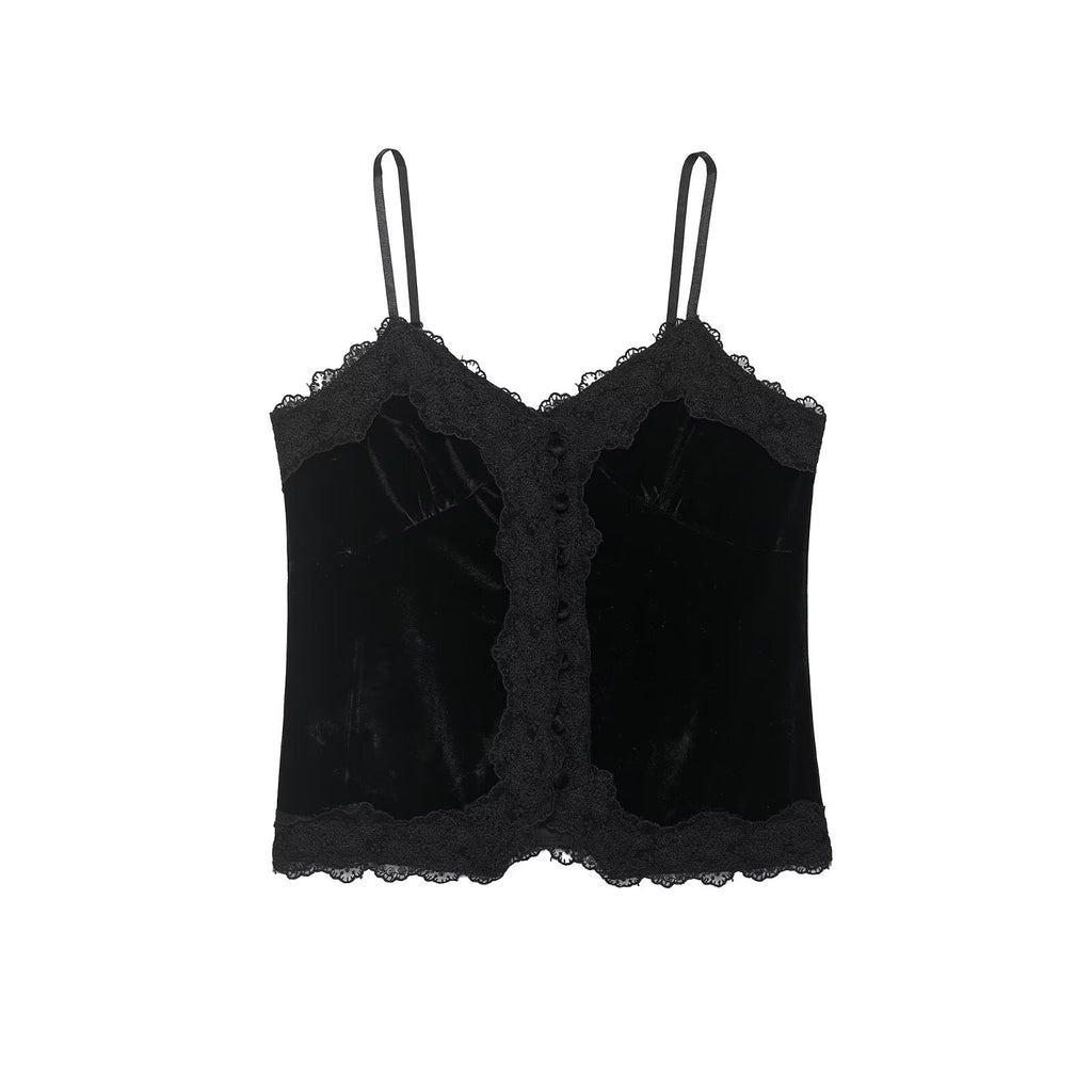 Popular Black Lace Stitching Velvet Spaghetti Straps Vest Top